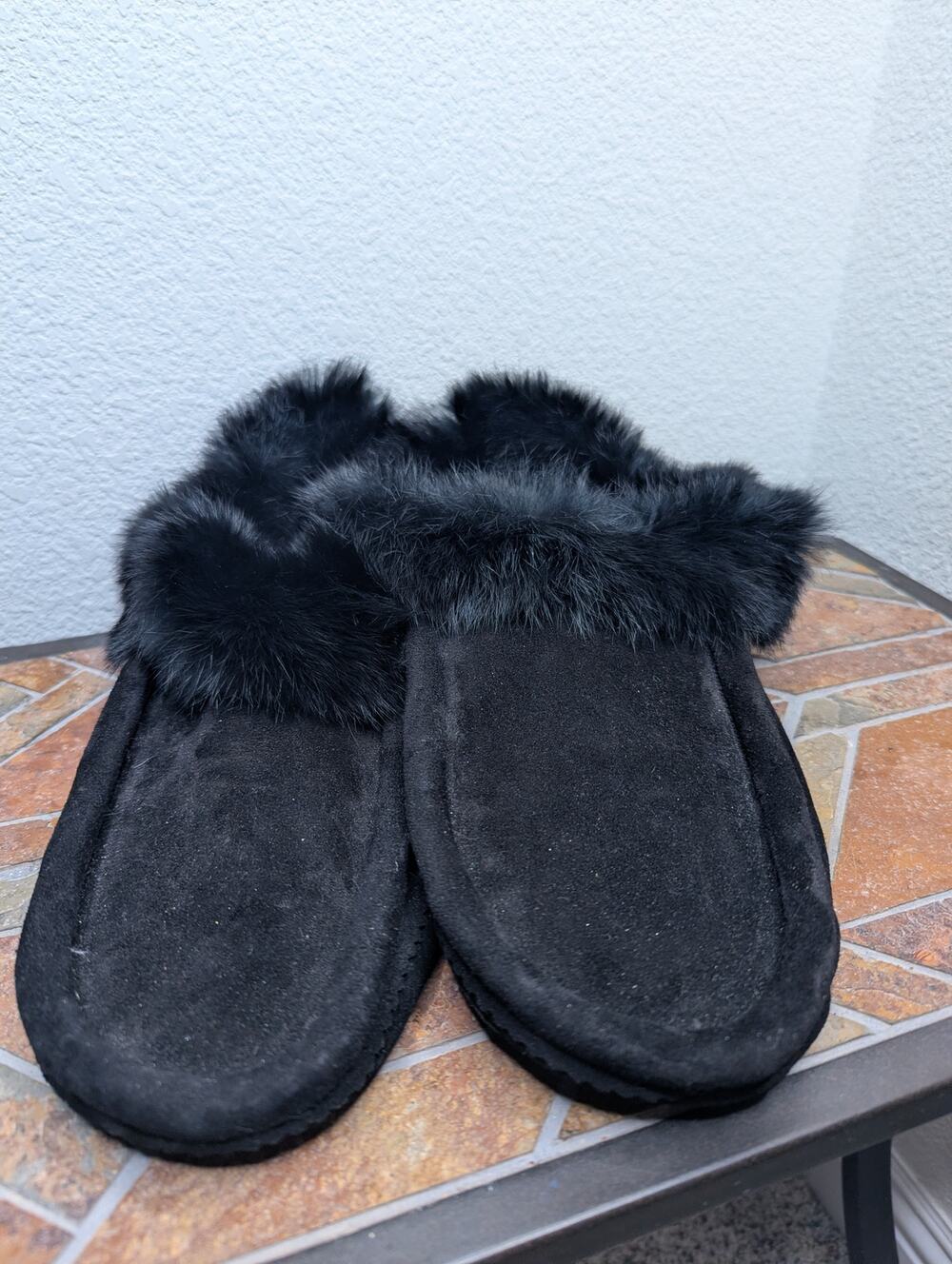 Genuine Rabbit Fur Men's Black Slippers 13 Soft Sole Lounge Casual Cottagecore